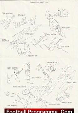 England Football Team Under 21 Multi Autographed Signed Sheet 1991 - football programme