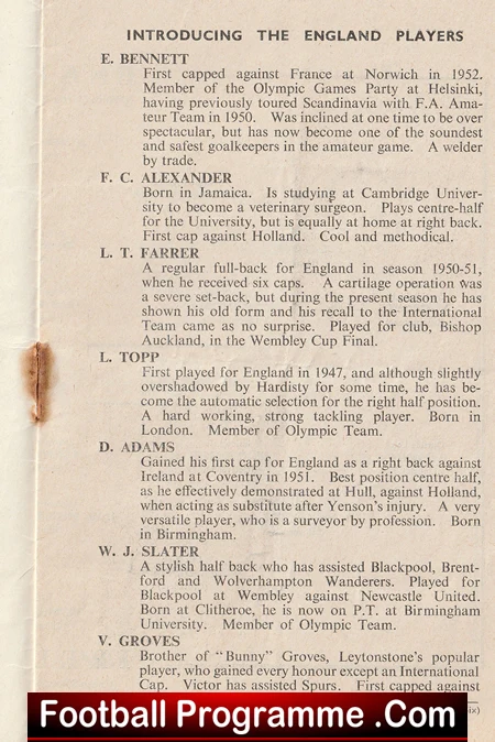 Page from a vintage football programme titled 'Introducing the England Players' listing bios for E. Bennett, F. C. Alexander, L. T. Farrer, and others.