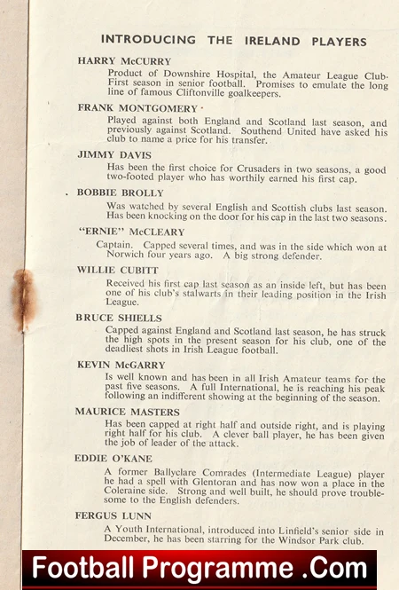 Vintage newspaper page titled 'Introducing the Ireland Players' listing profiles of Irish footballers (Harry McCurry, Frank Montgomery, Jimmy Davis, Bobbie Brolly, 'Ernie' McCleary, Willie Cubbitt, Bruce Shiels, Kevin McGarry, Maurice Masters, Eddie O'Kane, Fergus Lunn) with brief bios.