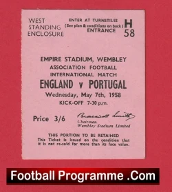 England v Portugal 1958 - TICKET - Bobby Charlton Full Debut - football memorabilia