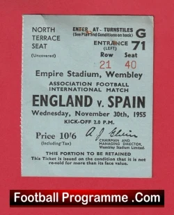 England v Spain 1955 - Football Match Ticket - football memorabilia