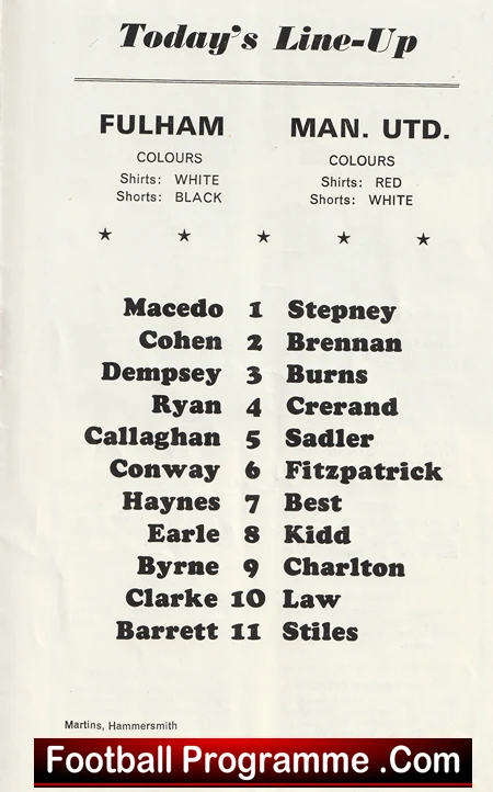 Today's Line-Up: Fulham vs. Manchester United. Shows shirt colors (Fulham: white shirts, black shorts; United: red shirts, white shorts) and player lists with numbers: Fulham 1 Macedo, 2 Cohen, 3 Dempsey, 4 Ryan, 5 Callaghan, 6 Conway, 7 Haynes, 8 Earle, 9 Byrne, 10 Clarke, 11 Barrett; Man Utd 1 Steppney, 2 Brennan, 3 Burns, 4 Crerand, 5 Sadler, 6 Fitzpatrick, 7 Best, 8 Kidd, 9 Charlton, 10 Law, 11 Stiles.