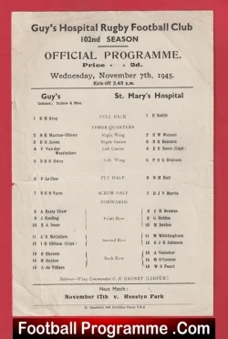 Guys Hospital Rugby v St Marys Hospital 1944 - Rugby Match - rugby programme