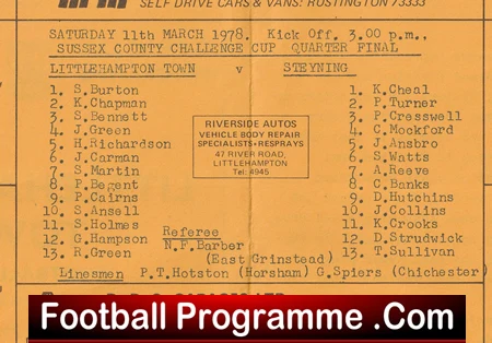Vintage Sussex football programme page showing lineups for Littlehampton Town vs. (opponent) with a central Riverside Autos Body Repair ad and referee lines, date and venue details in the margins.