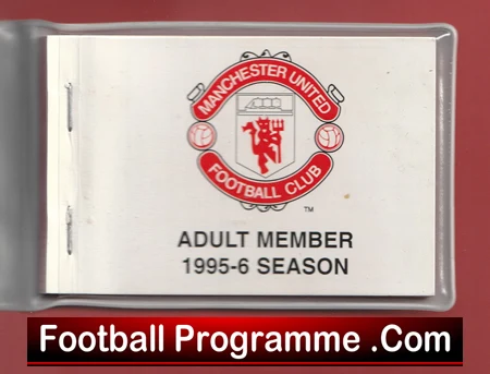 Plastic Manchester United adult member card for the 1995–96 season, featuring the club crest and the 'Football Programme.com' banner.