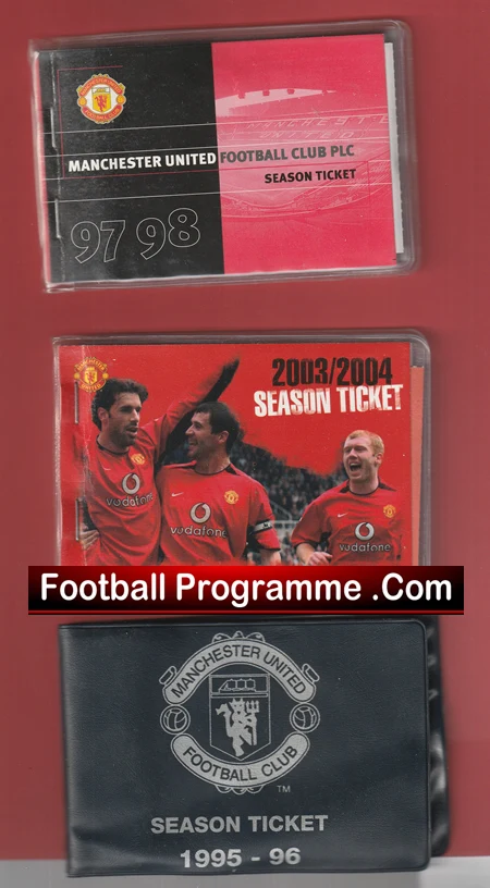 Three Manchester United season ticket items: a 97/98 club booklet, a 2003/2004 season ticket with players image, and a 1995-96 season ticket pouch with club crest.