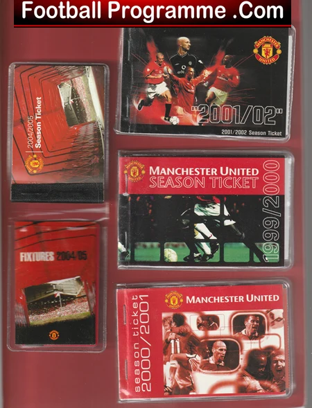 Collage of Manchester United season tickets in red packaging, with 'Football Programme .Com' header at the top.