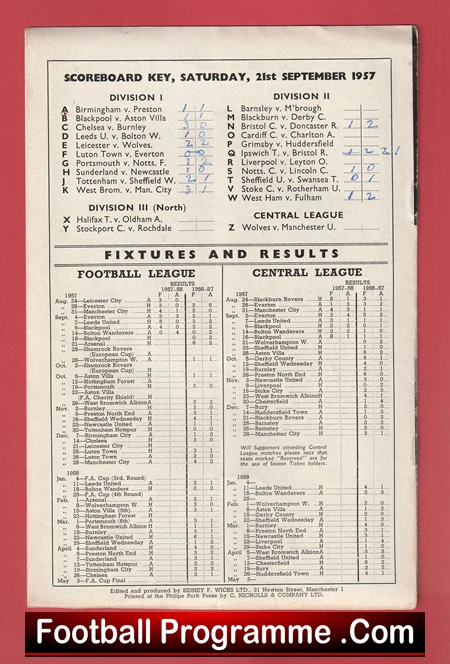 Football programme page dated Saturday 21st September 1957 showing scoreboard key, divisions, and fixtures with results