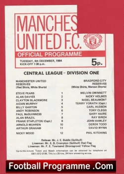 Manchester United v Bradford City 1984 - Reserves Game - football programme