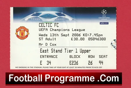 Ticket stub for a UEFA Champions League match: Manchester United vs Celtic FC, with seating details and entrances on a red background.