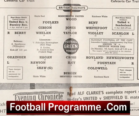 Vintage football programme page showing team lineups and match details, with a red 'Football Programme .Com' banner across the bottom.