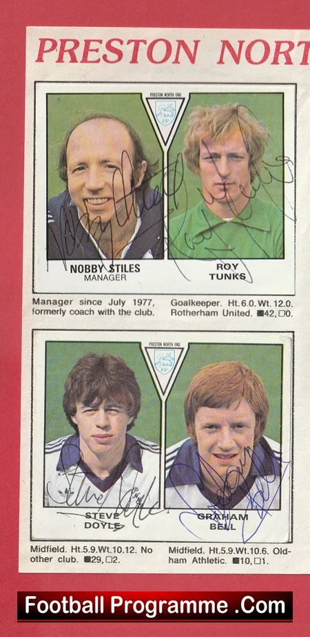 Two signed headshots from a Preston North End football programme: top row shows a smiling man labeled as Manager and a goalkeeper, with autograph marks across the photos; bottom row shows two more players with signatures and bios beneath each image.