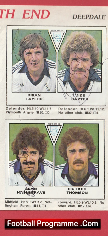 Vintage football programme page showing four Preston North End player headshots: top row, Brian Taylor (left) and Mike Baxter (right); bottom row, Sean Haslegrave (left) and Richard Thomson (right), with autographs across the photos and brief captions.