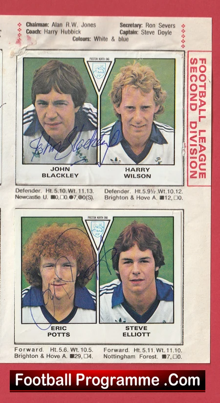 Section of a vintage football programme with four autographed headshots: John Blackley, Harry Wilson, Eric Potts, Steve Elliott; Football League Second Division.