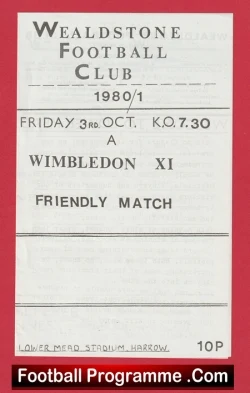 Wealdstone v Wimbledon 1980 - Friendly Match - football programme