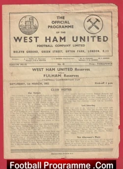 Front page of a vintage West Ham United football programme, featuring the club crest, hammers logo, and match details.
