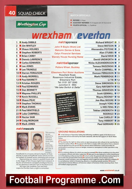 Page 40 of a football programme for the Wrexham vs Everton match in the Worthington Cup, with match officials, sponsors, and squad lists.
