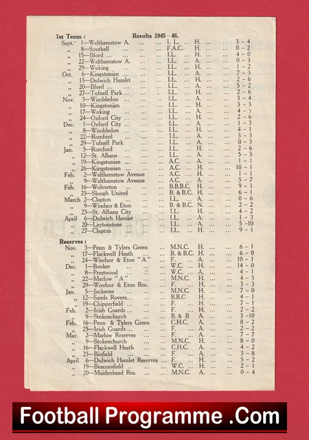 Cream sheet from a 1945-46 football programme listing first-team results by month, with teams and scores in columns.