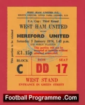 West Ham United v Hereford United 1974 – Ticket Bobby Moore Last Match