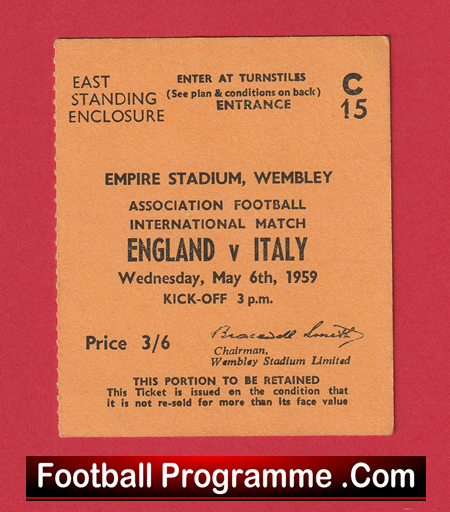 England v Italy 1959 - Match Ticket - Image 2