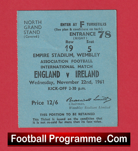 England v Ireland 1961 - Football Match Ticket - Image 2