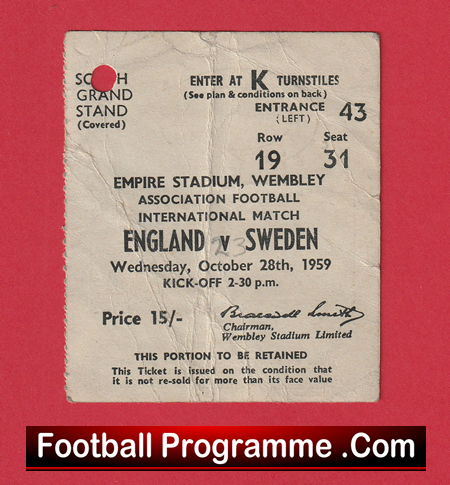 England v Sweden 1959 - Football Ticket - Image 2