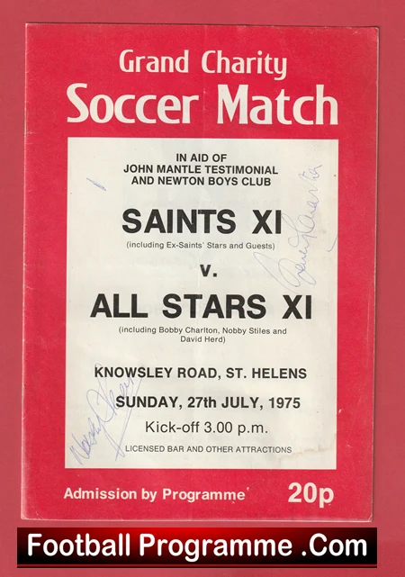 St Helens Saints v All Stars X1 1975 - Signed Bobby Charlton Nobby Stiles - Image 2