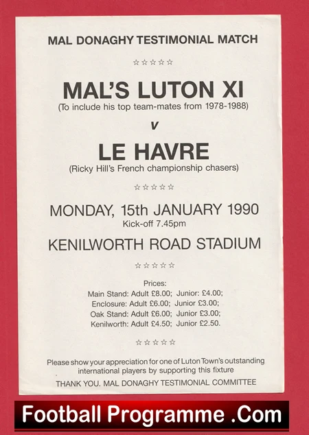 Mal Donaghy Testimonial Benefit + Ticket Luton Town 1990 Bryan Robson - Image 3