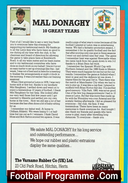 Mal Donaghy Testimonial Benefit + Ticket Luton Town 1990 Bryan Robson - Image 4