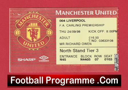 Manchester United v Liverpool 1998 - Man Utd Ticket Treble Season - Image 2
