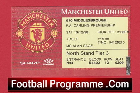 Manchester United v Middlesbrough 1998 - Treble Season Match Ticket - Image 2