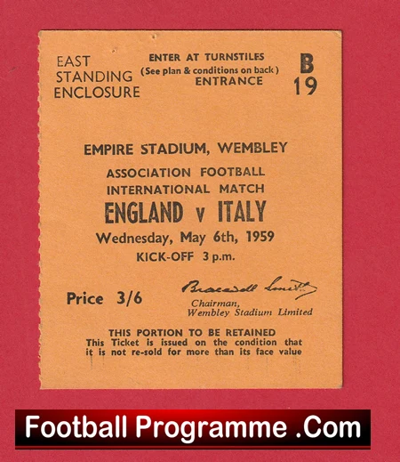 England v Italy 1959 - Match Ticket - Image 2