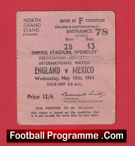 England v Mexico 1961 - Football Ticket Sir Bobby Charlton Hatrick - Image 2