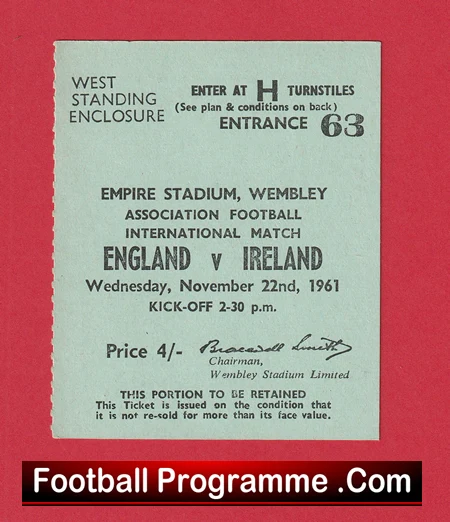 England v Ireland 1961 - Football Ticket - Image 2