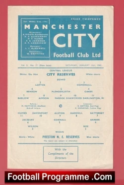 Manchester City v Preston 1962 - Man City PNE Reserves