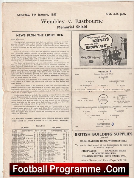Wembley v Eastbourne 1957 - 1950s Programme - Image 3