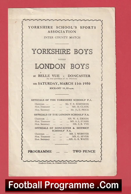 Yorkshire Boys v London Boys 1950 - Schoolboys Doncaster - Image 2