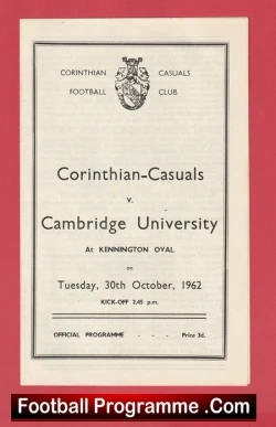 Corinthian Casuals v Cambridge University 1962 - Kennington Oval - football programme