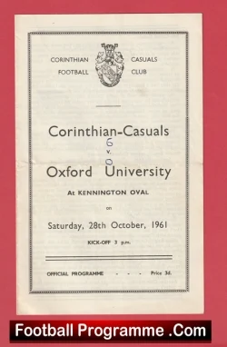 Corinthian Casuals v Oxford University 1961 - Kennington Oval - football programme