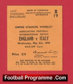 England v Italy 1959 - Match Ticket - football memorabilia