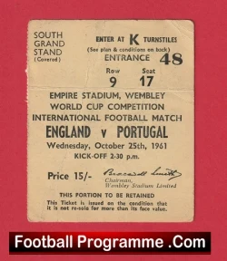 England v Portugal 1961 - Match Ticket Bobby Charlton + Eusebio - football memorabilia