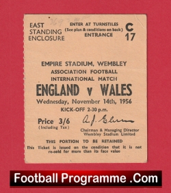 England v Wales 1956 - Football Ticket - football memorabilia