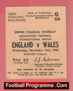 England v Wales 1956 - Football Ticket - football memorabilia