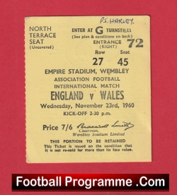 England v Wales 1960 - Match Ticket - football memorabilia