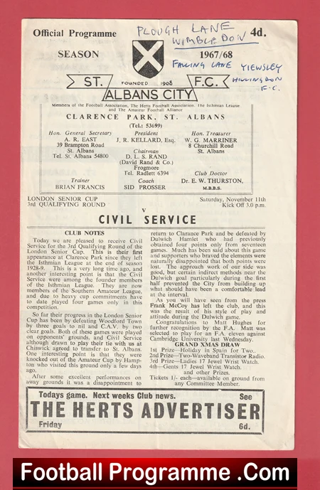 St Albans City v Civil Service 1967 - Football Programme - Image 2