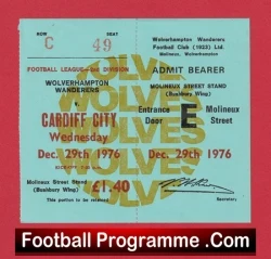 Wolves Wolverhampton v Cardiff City 1976 - Football Ticket - football memorabilia