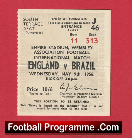 England v Brazil 1956 - Football Ticket - Image 2