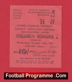 England v Romania 1957 - Under 23s Football Ticket U23