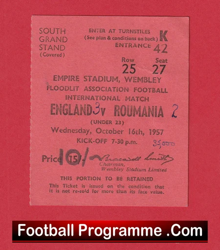 England v Romania 1957 - Under 23s Football Ticket U23 - Image 2
