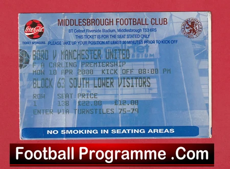 Middlesbrough v Manchester United 2000 - Football Ticket - Image 2